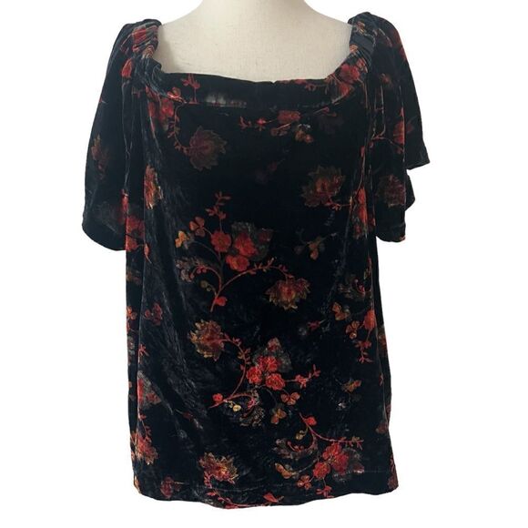 Loft Velvet On/Off the Shoulder Short Sleeve Floral Top Black Gold Orange LP - Picture 1 of 8